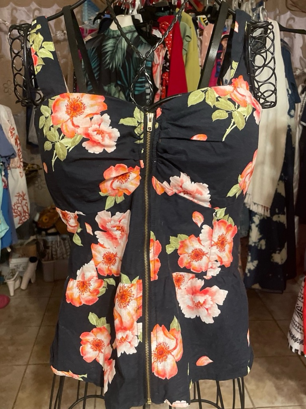 Derek Heart Black Floral Zip-Front Tank Top